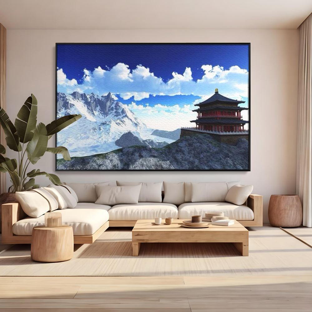 Tablou canvas cu tablou canvas cu templu si munti, in rama de aluminiu negru, pe perete intr-un living